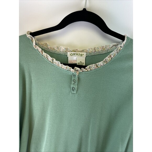 Orvis Cotton Pajama Set Green Ruffle Trim Long Sleeves Pants Stretch Womens XL - Picture 4 of 16